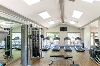 A gym with treadmills and other exercise equipment and windows